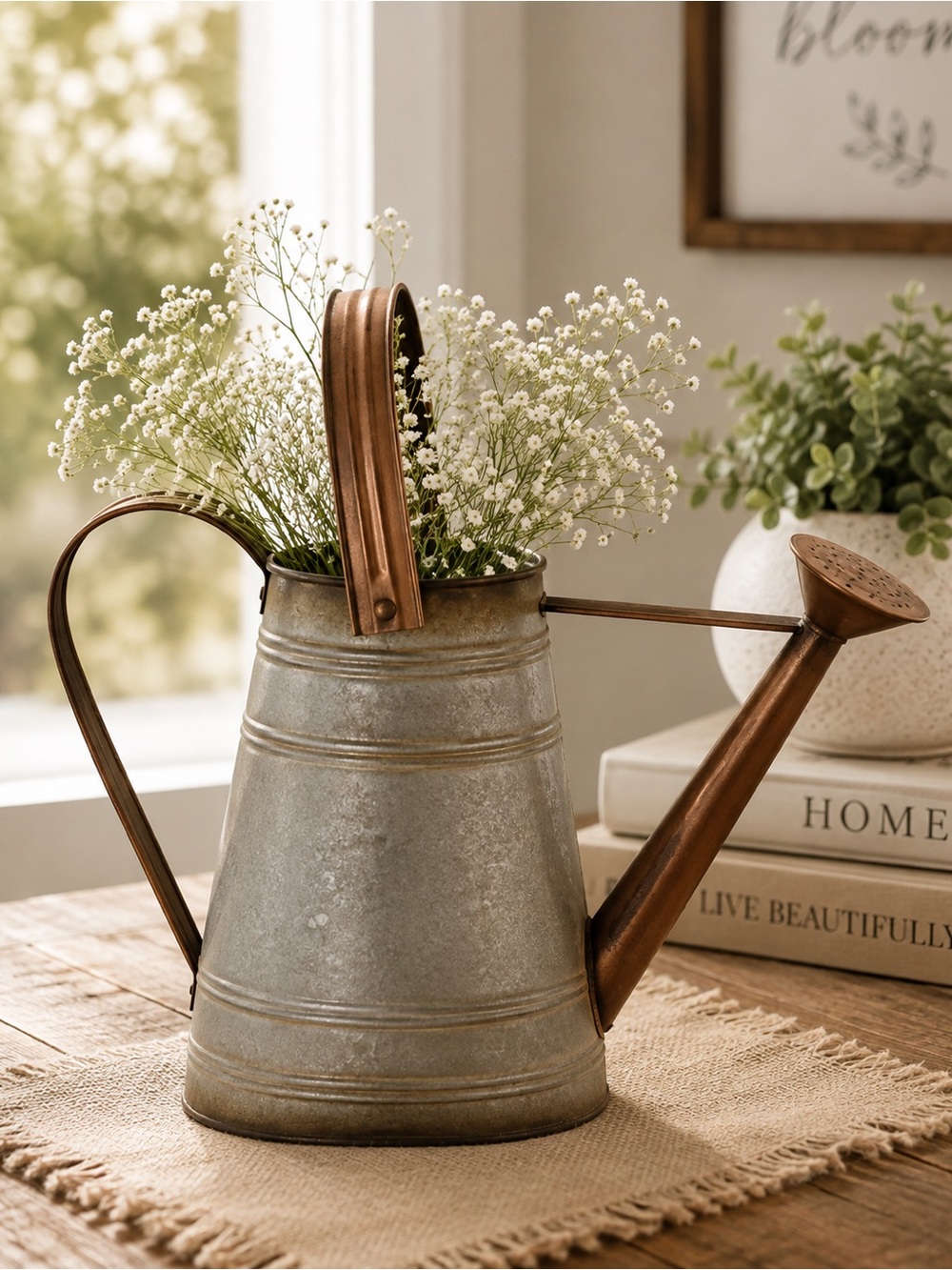 Galvanized Gray Watering Can with Copper Accents